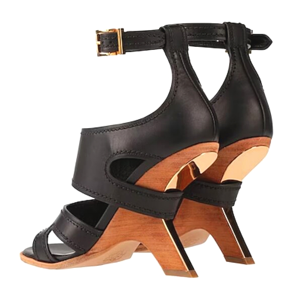Alexander McQueen Wooden Heel Strappy Black Leather Pumps